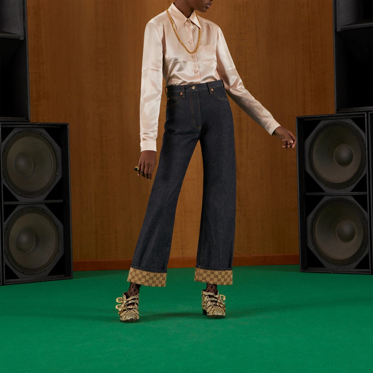 Denim pant with Gucci label - 6