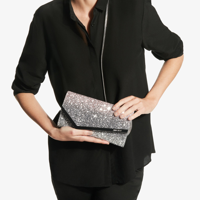 JIMMY CHOO Emmie
Ballet-Pink, Silver and Anthracite Triple Dégradé Glitter Fabric Clutch Bag outlook
