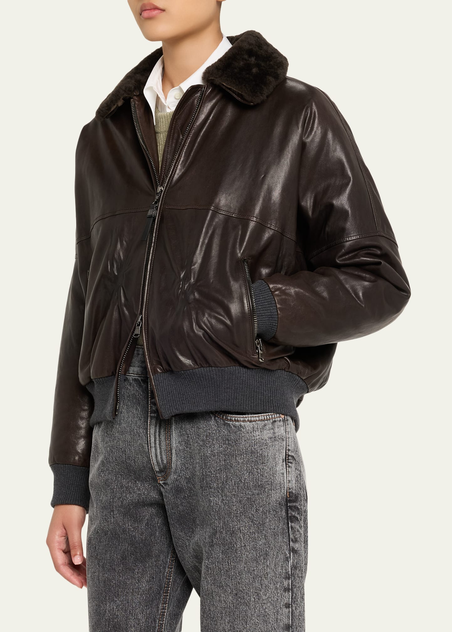 Leather Biker Jacket with Removable Shearling Collar - 4