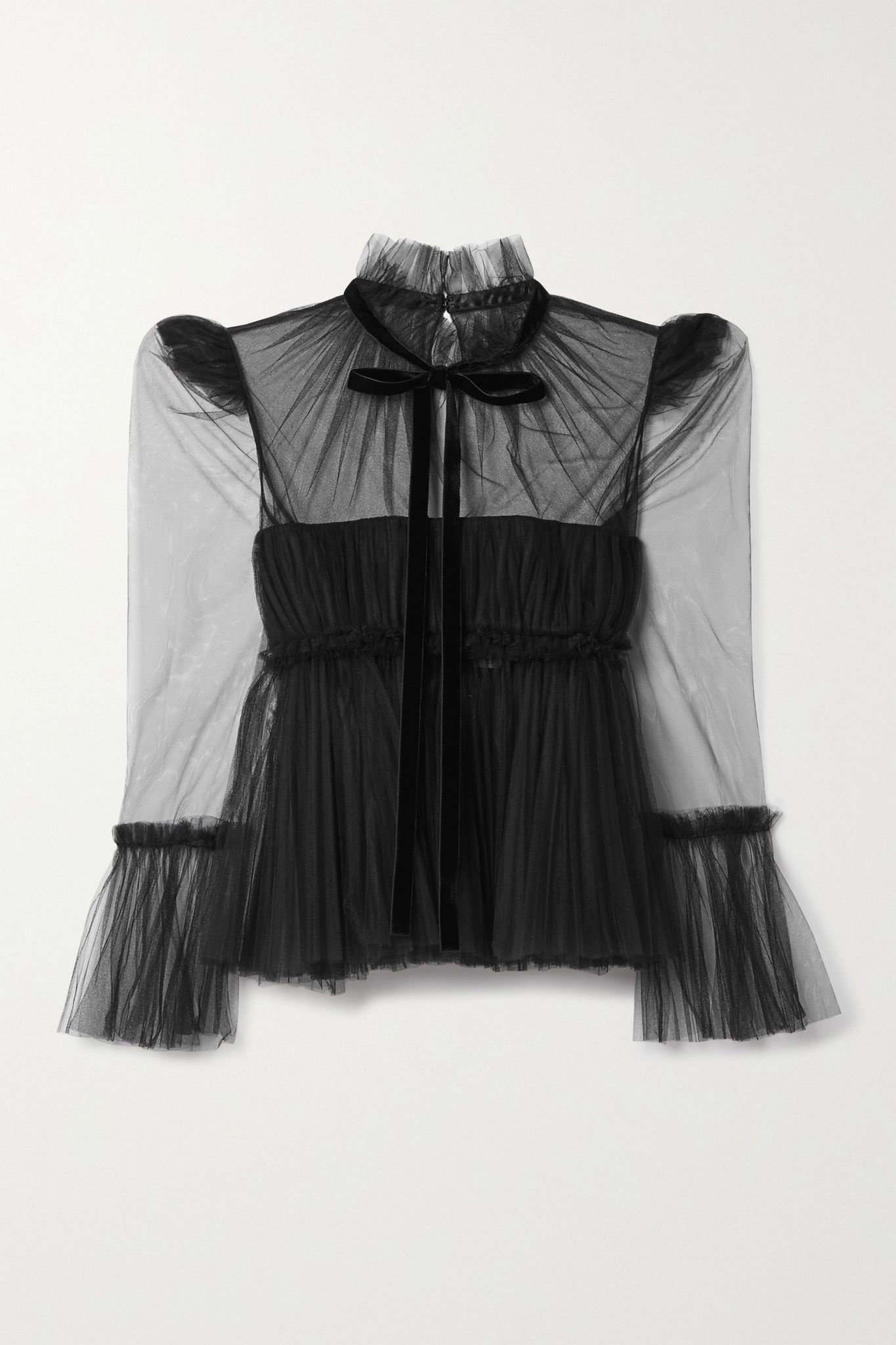 Dominika velvet-trimmed pleated tulle blouse - 1