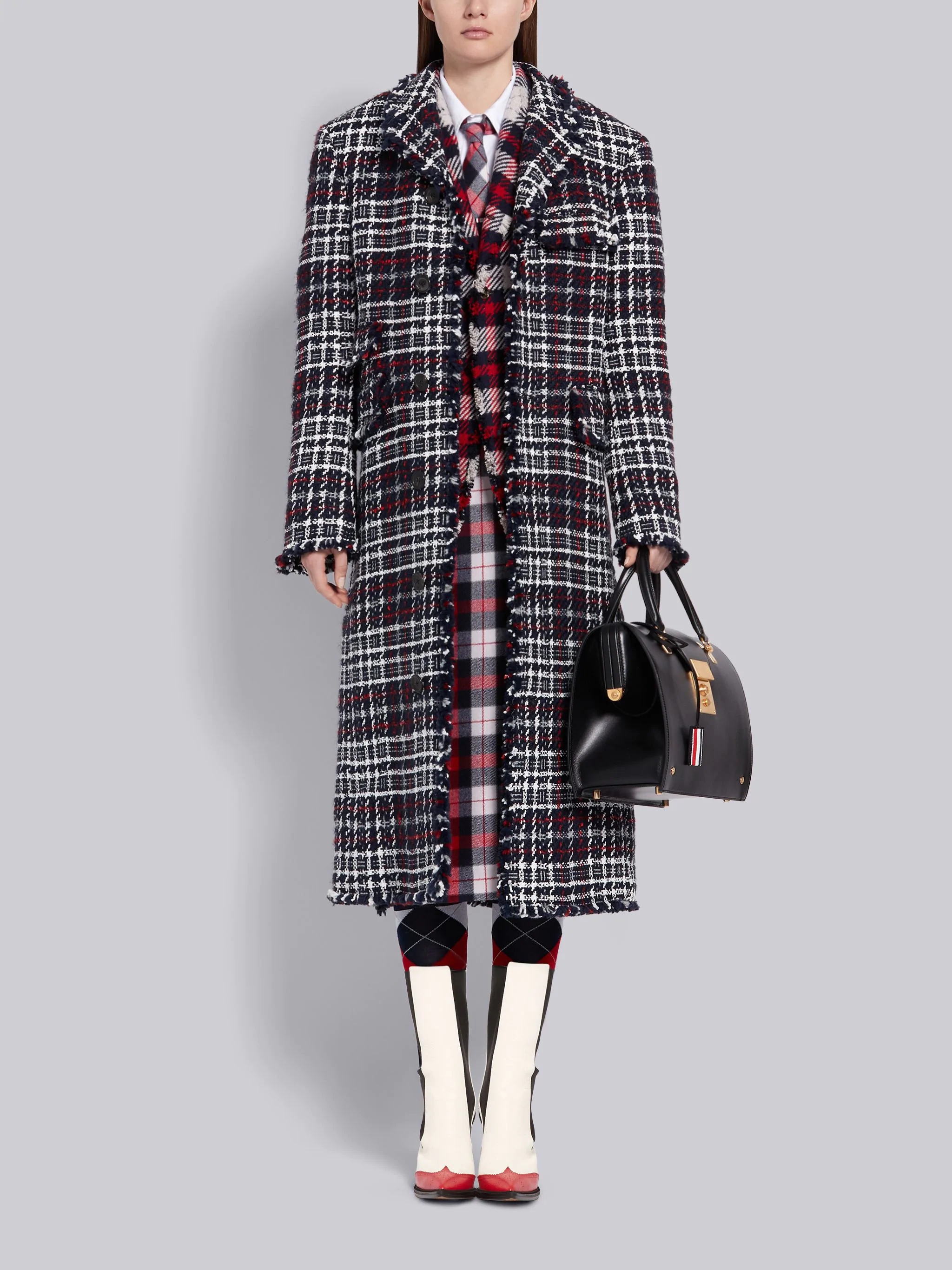 Tricolor Cashmere Tartan Check Tweed Frayed Nipped Waist Ticket Pocket Jacket - 4