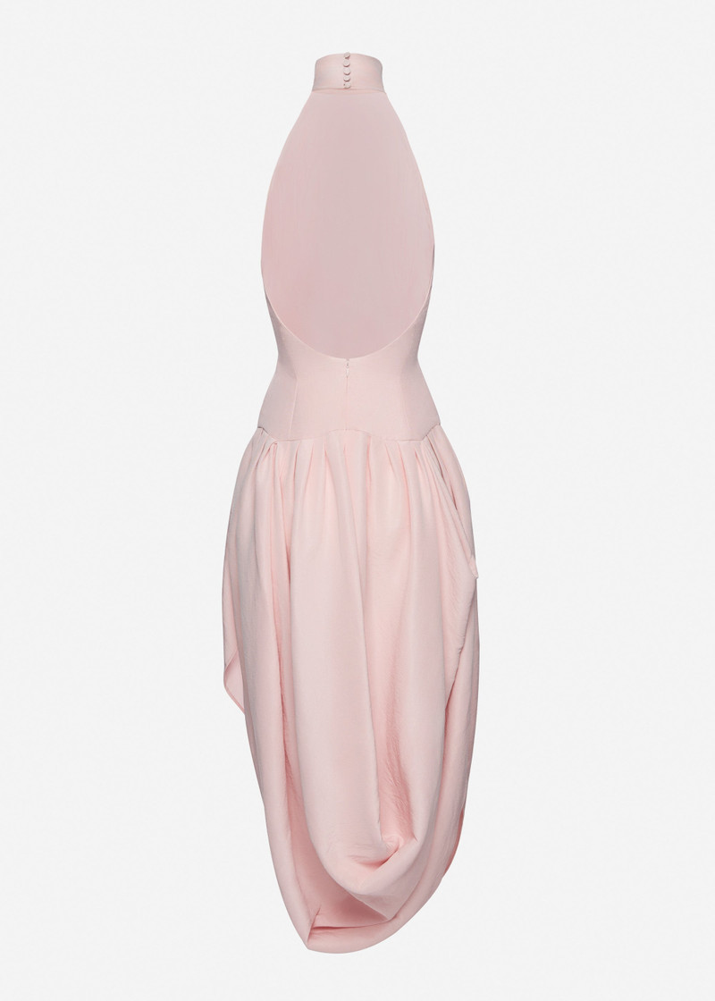 Long draped silk halterneck dress with high collar in pink 2