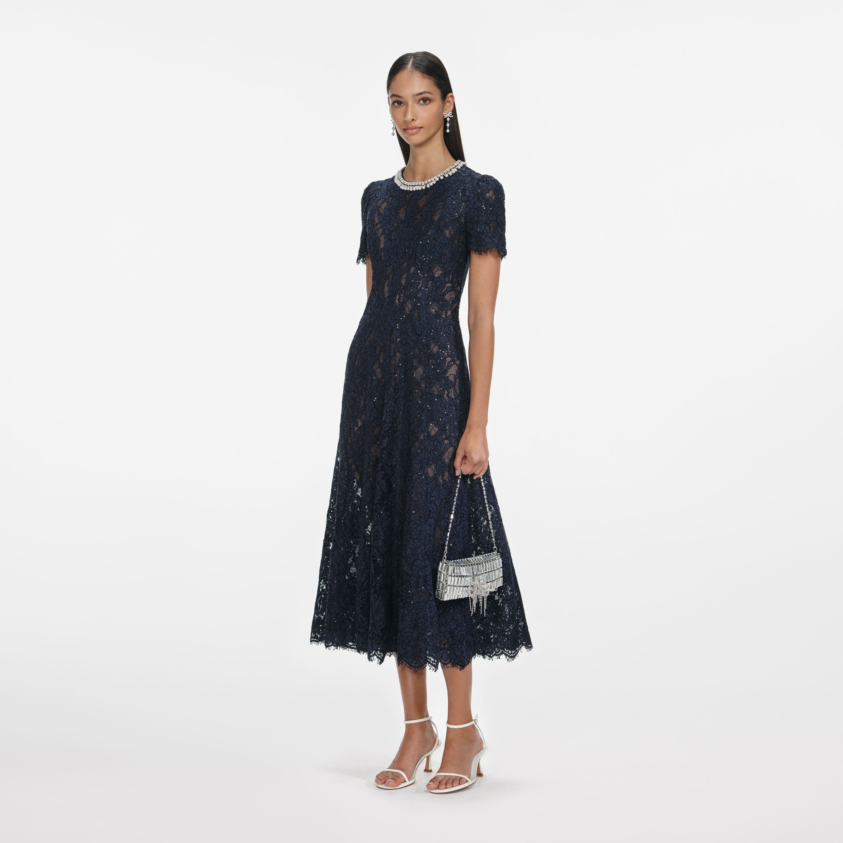 Navy Lace Embellished Midi Dress - 2