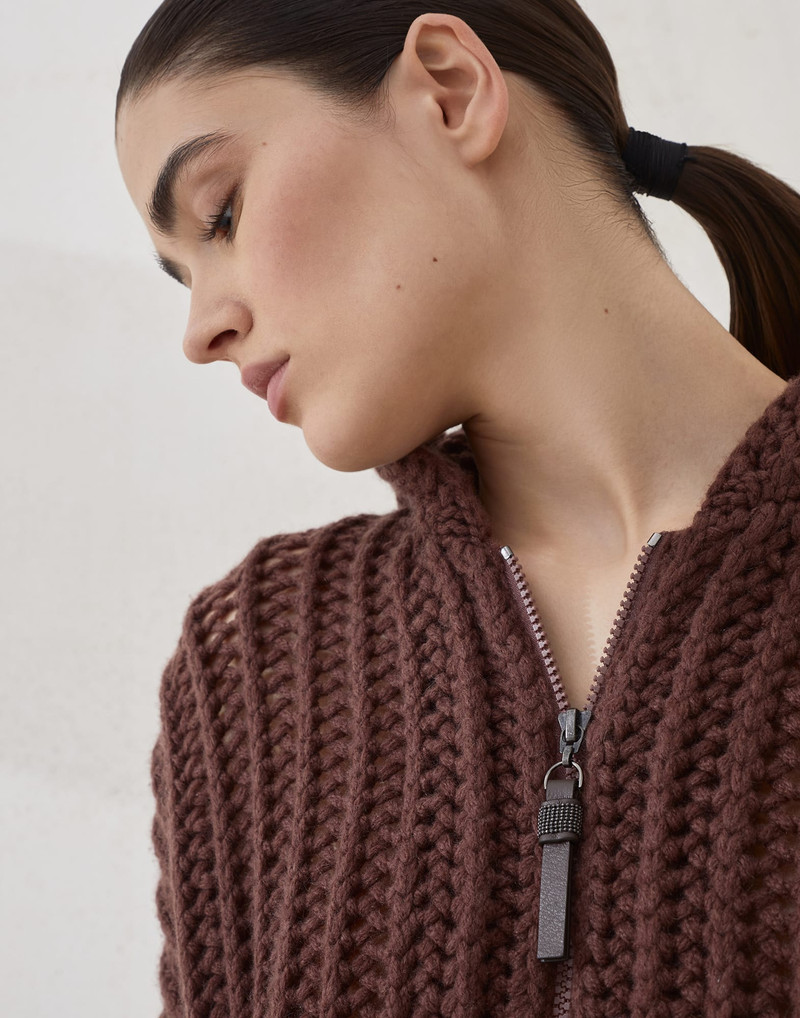 Openwork rib hooded cardigan in cashmere Feather yarn with shiny zipper pull 3