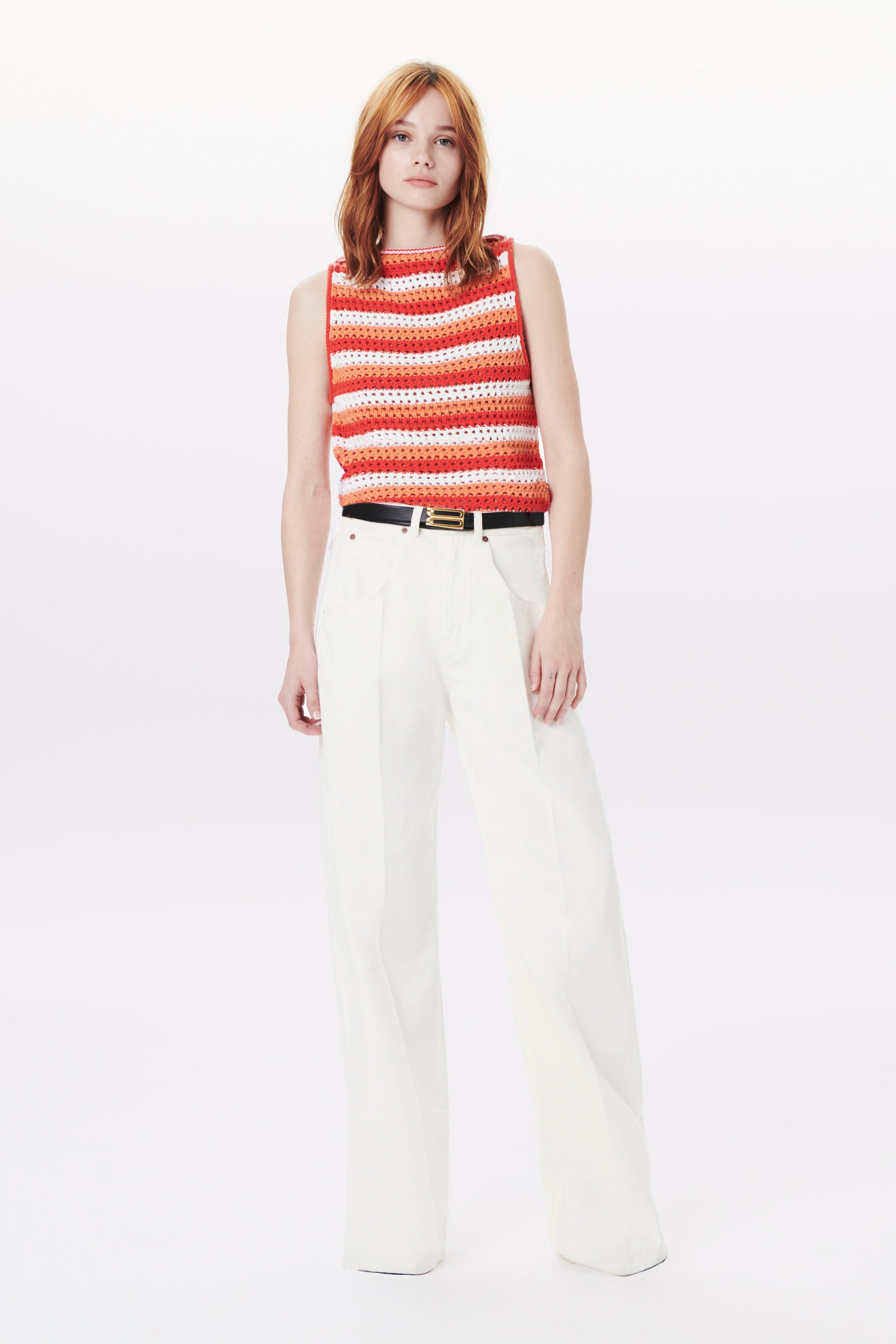 Knitted Tank Top in Red, Orange Stripe - 2