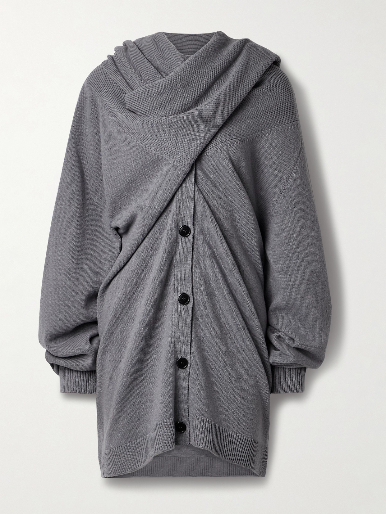 Oversized Scarf-detailed Gathered Wool Cardigan - 1