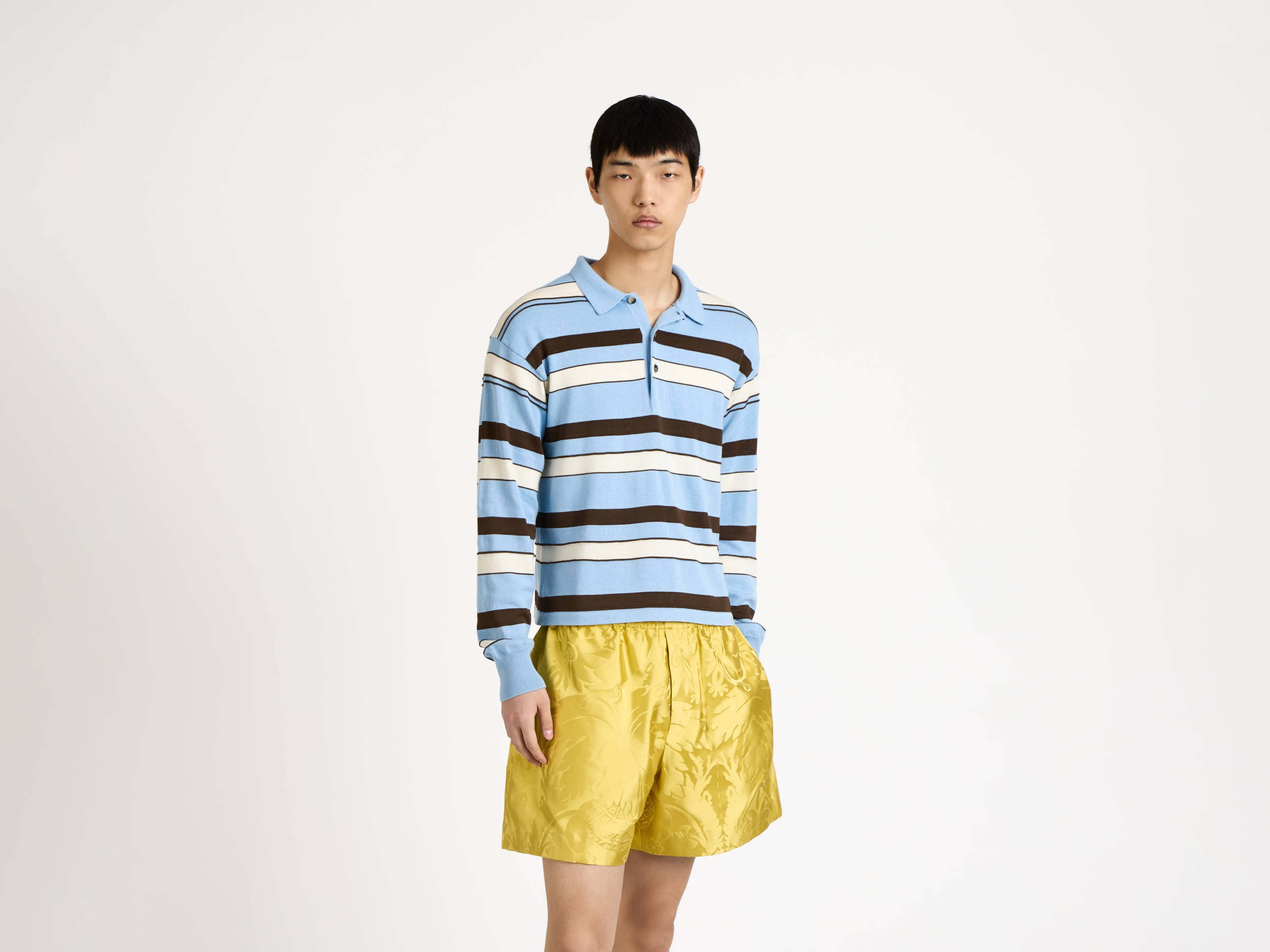 KNITTED STRIPED RUGBY POLO TOP IN MISTY BLUE - 4