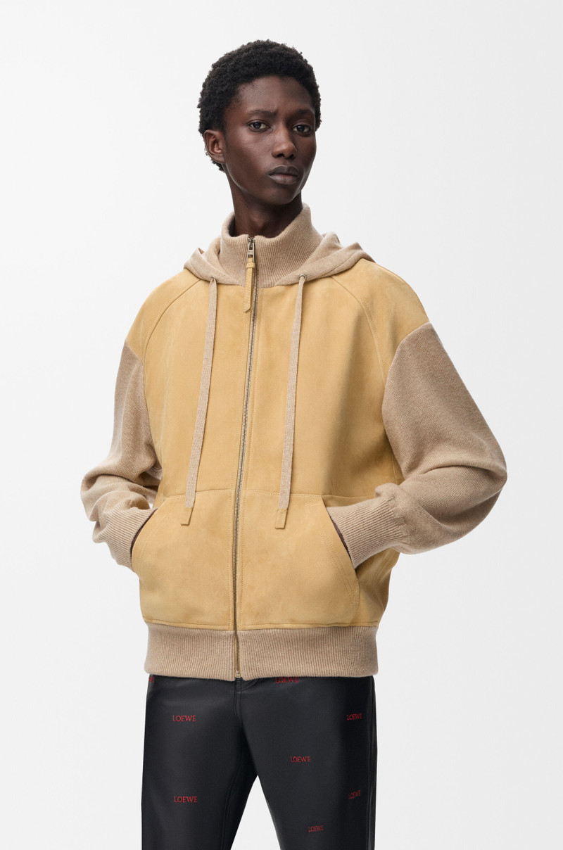 Hybrid zip-up hoodie in suede and wool blend 3