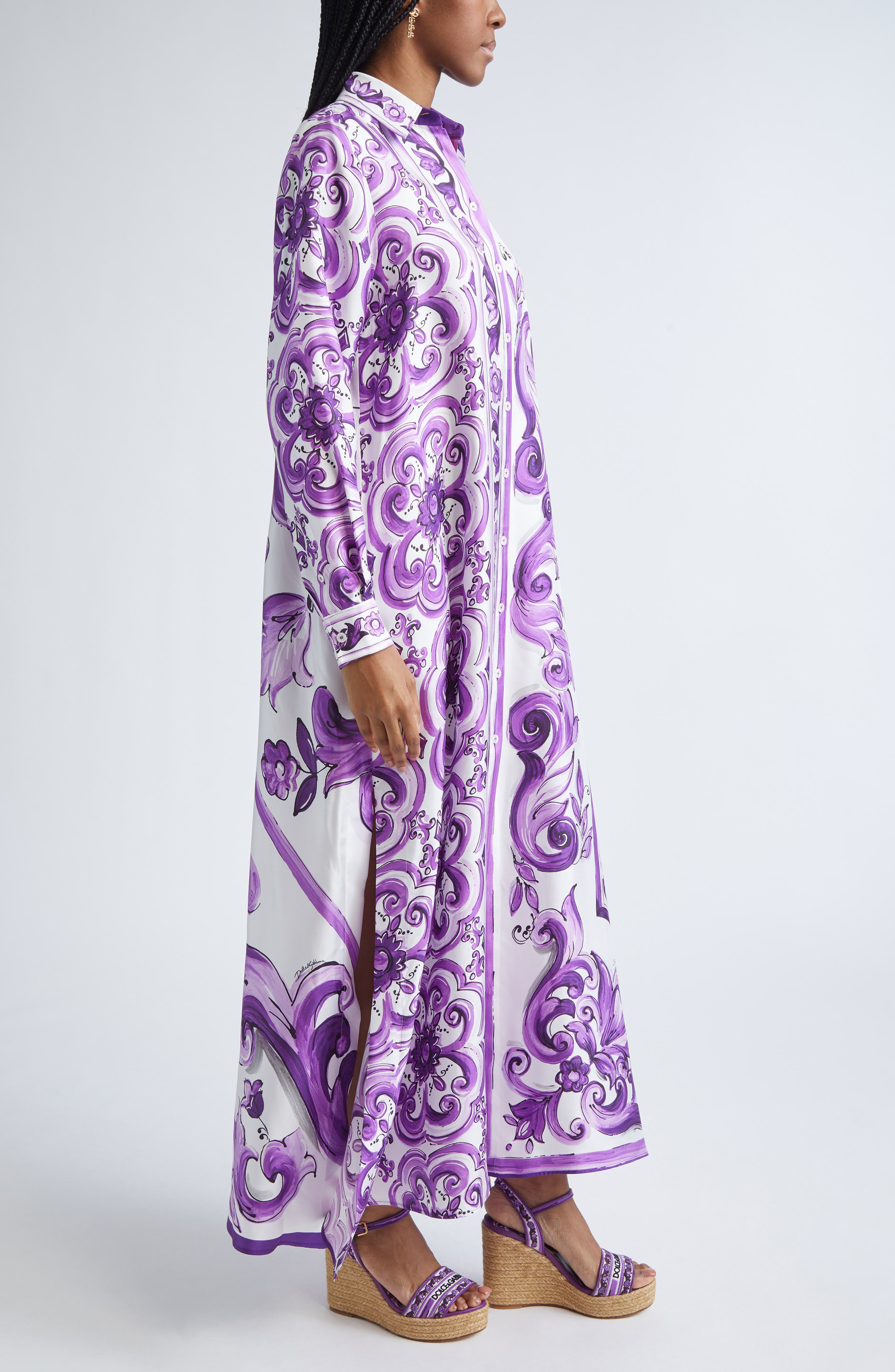Dolce&Gabbana Majolica Print Long Sleeve Silk Shirtdress in Ip3Tn Mix Maiolica Viola at Nordstrom - 3