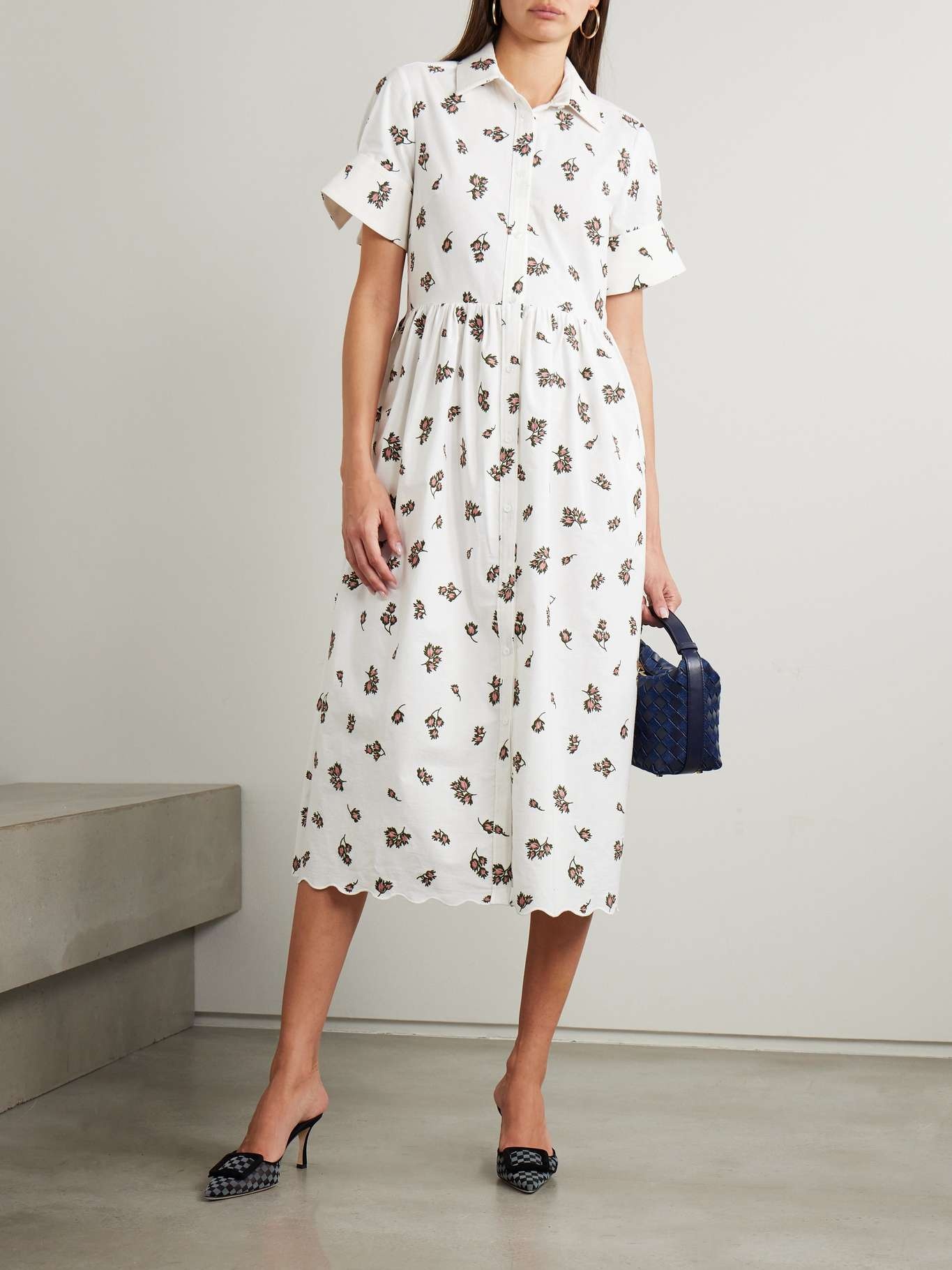 Scalloped embroidered brushed cotton-blend midi shirt dress - 2