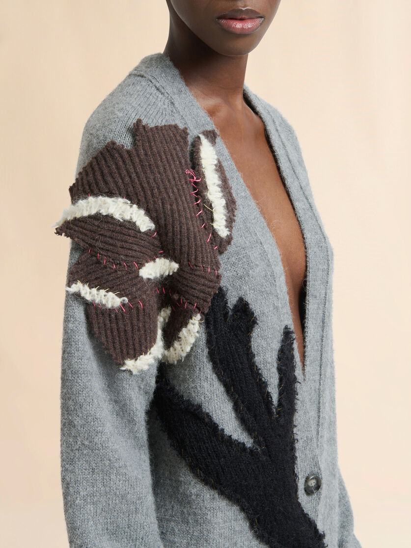 GRAY ALPACA WOOL CARDIGAN WITH FLOWER PATCH - 4