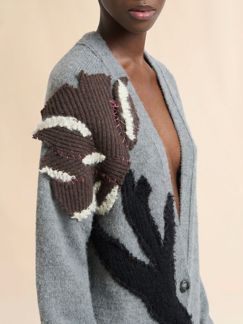 GRAY ALPACA WOOL CARDIGAN WITH FLOWER PATCH 4