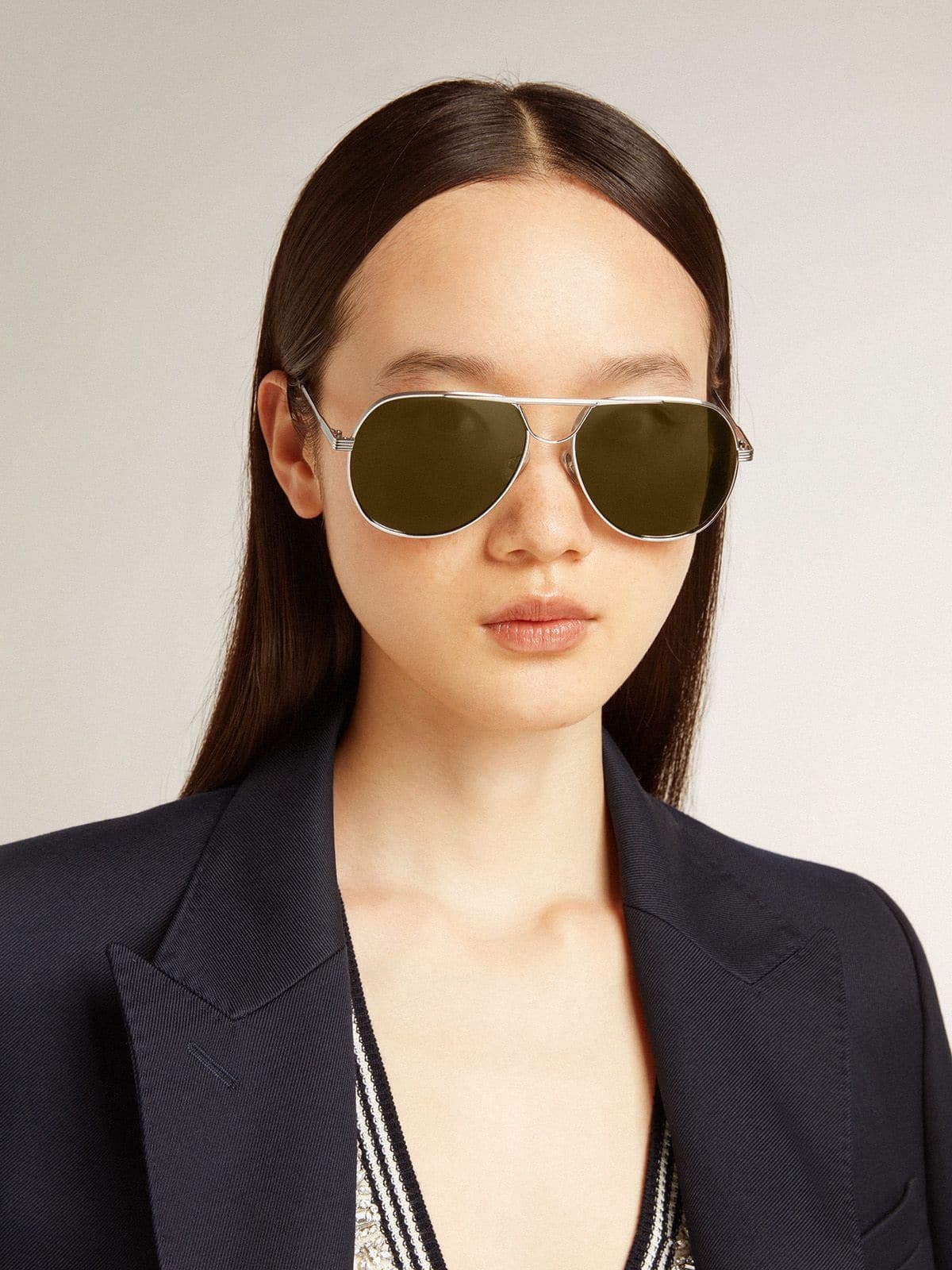 Aviator sunglasses with silver frame and green lenses - 3