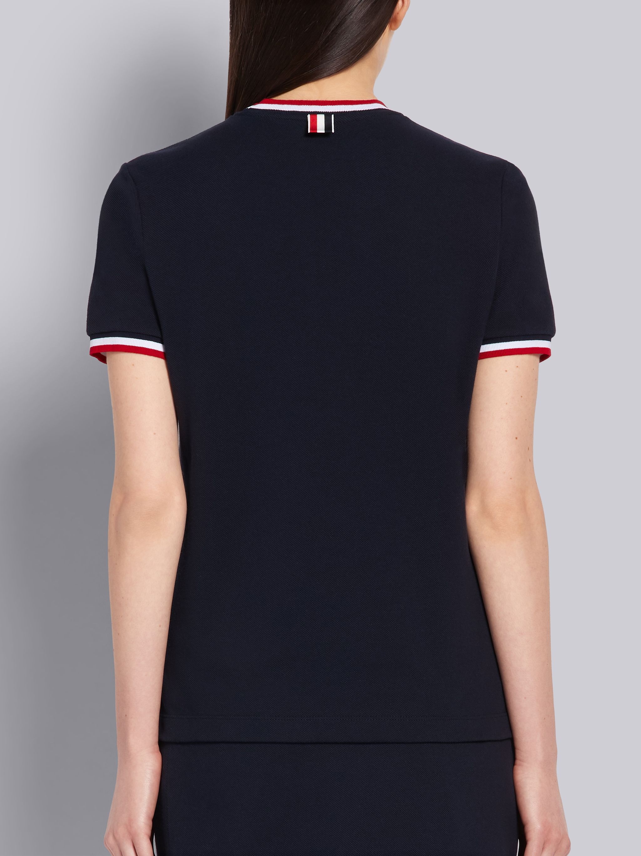 Navy Cotton Pique Tricolor Rib Trim Short Sleeve Tee - 3