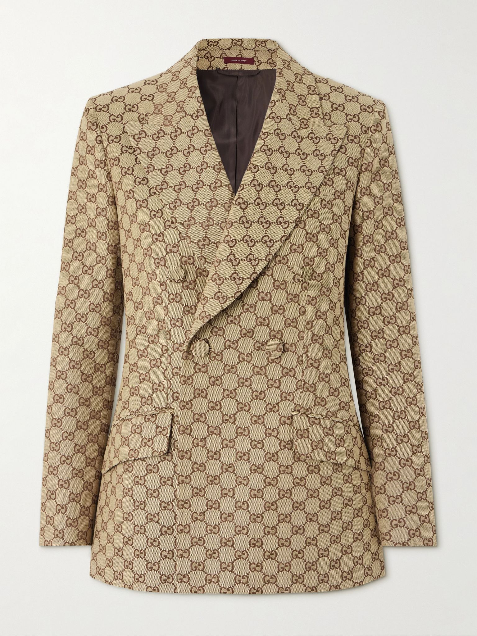 Double-breasted cotton-blend canvas-jacquard blazer Beige - 1