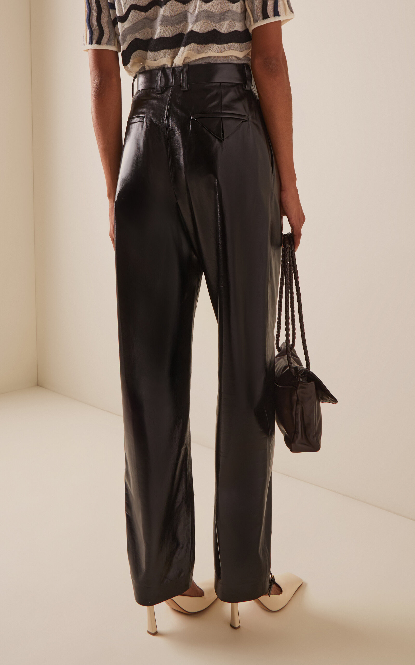 Pleated Leather Straight-Leg Pants black - 4