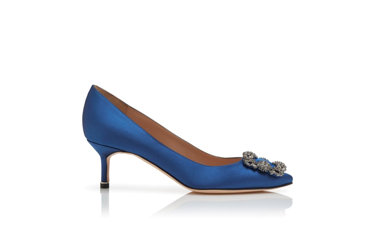 Blue Satin Jewel Buckle Pumps - 1