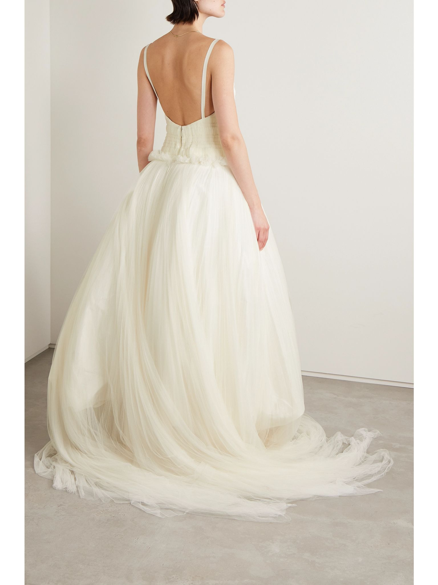 Guinevere shirred grosgrain-trimmed tulle gown Ivory - 3