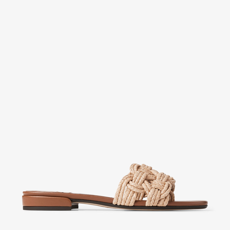 Chara Flat Tan Leather and Crochet Raffia Slide 1