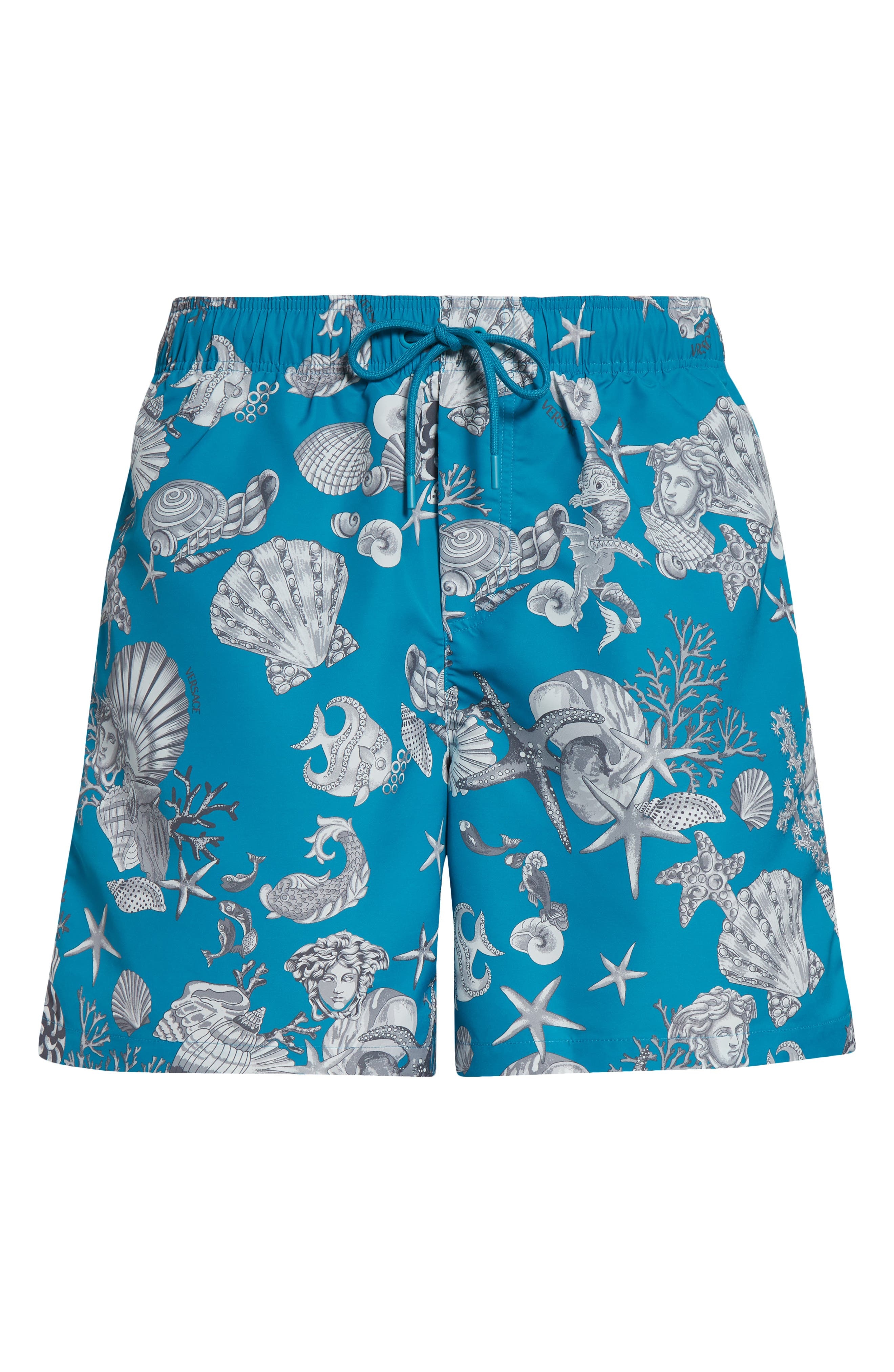 Versace Coral Theater Swim Trunks in Dark Sea Green Silver Grey at Nordstrom - 6