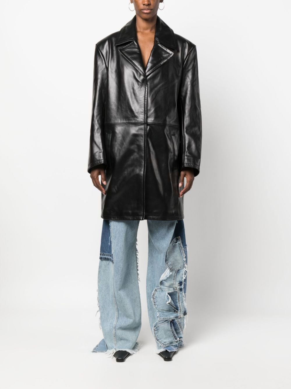 single-breasted leather coat - 2