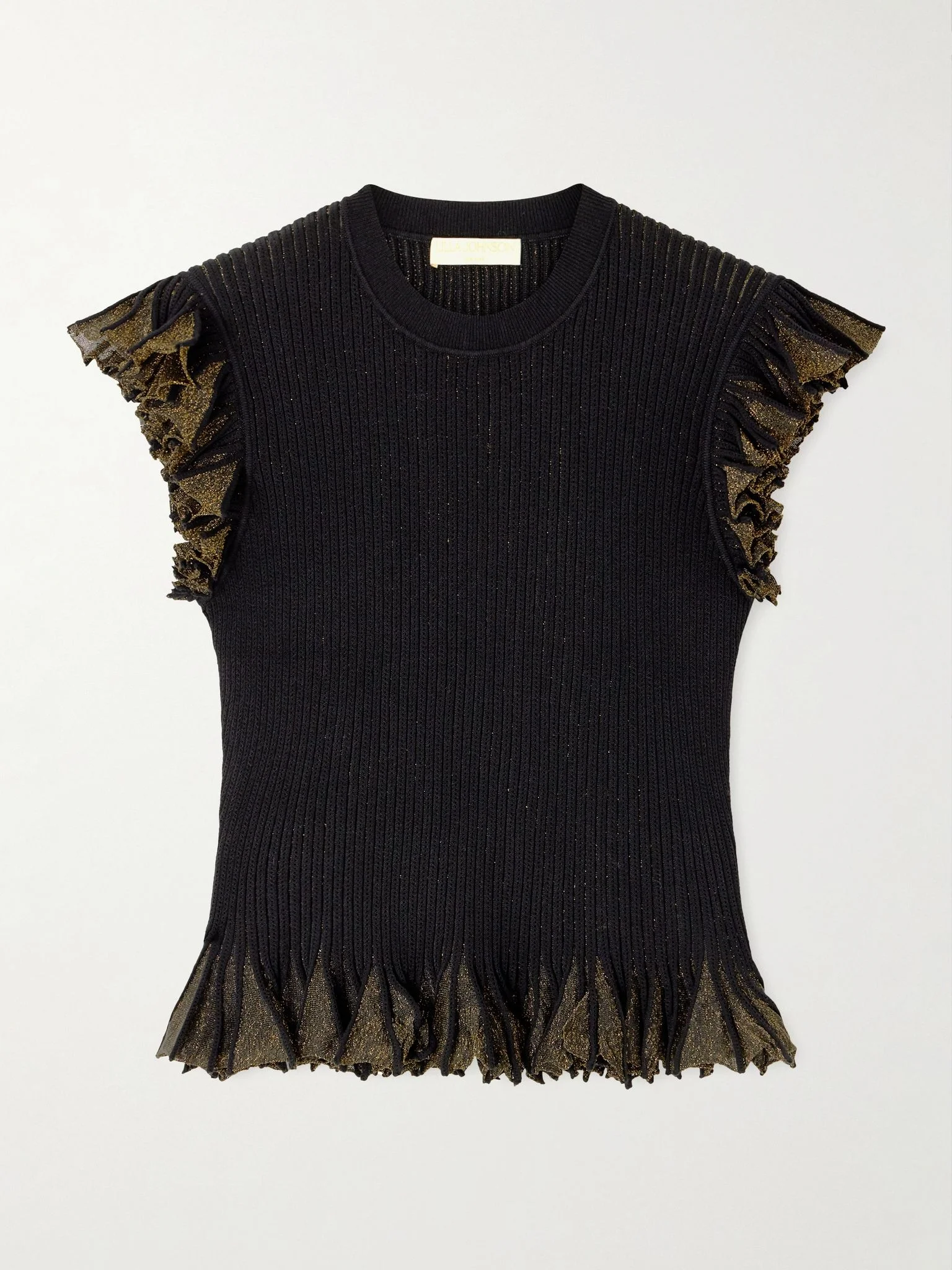 Leila ruffled ribbed metallic-knit top Black - 1