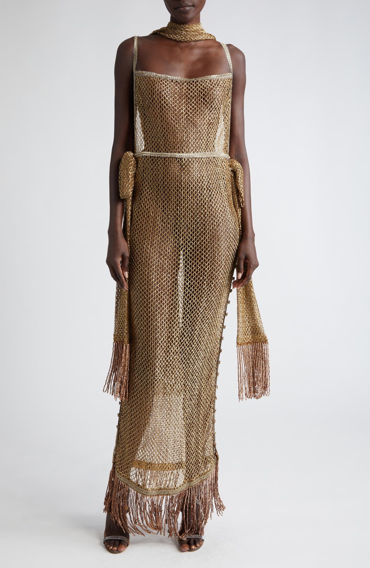 Bode Beaded Fringe Sheer Lamé Lace Maxi Dress in Gold at Nordstrom - 1