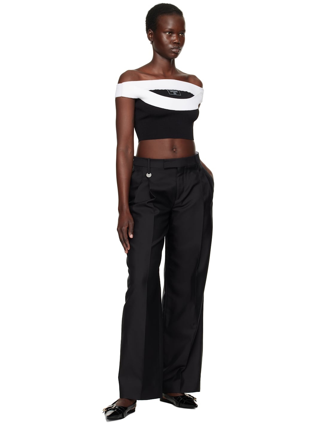 Black & White Two-Tone Knit Cropped Top - 4