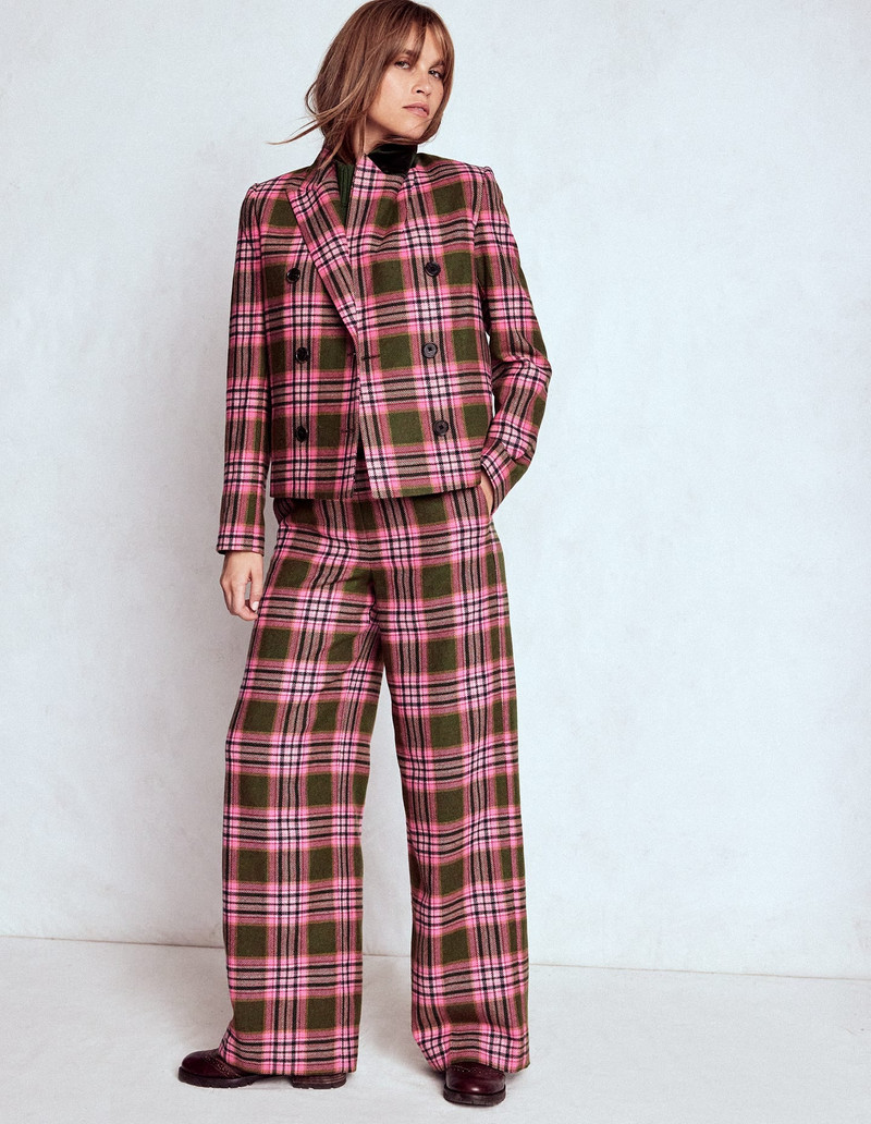 Boxy Double Breasted Blazer-Olive Green and Pink Check 8