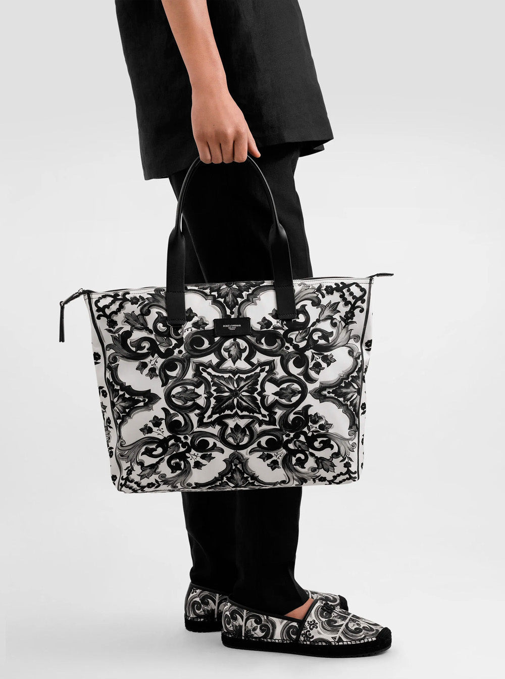 Dolce & Gabbana Men Black Tote Bag With Top Zip Closure And All-Over Print In Tech Fabric Man - 6