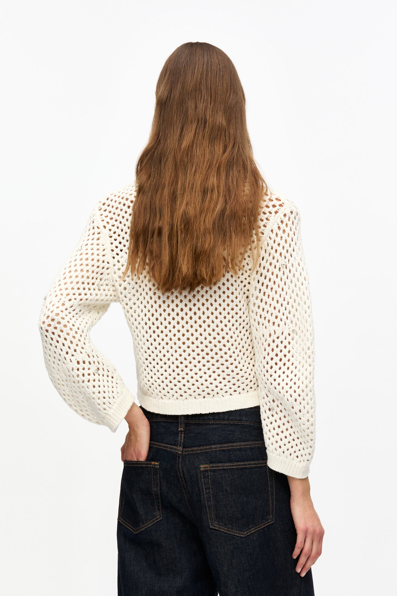 WHITE RHINESTONE COTTON POINTELLE CARDIGAN - 4