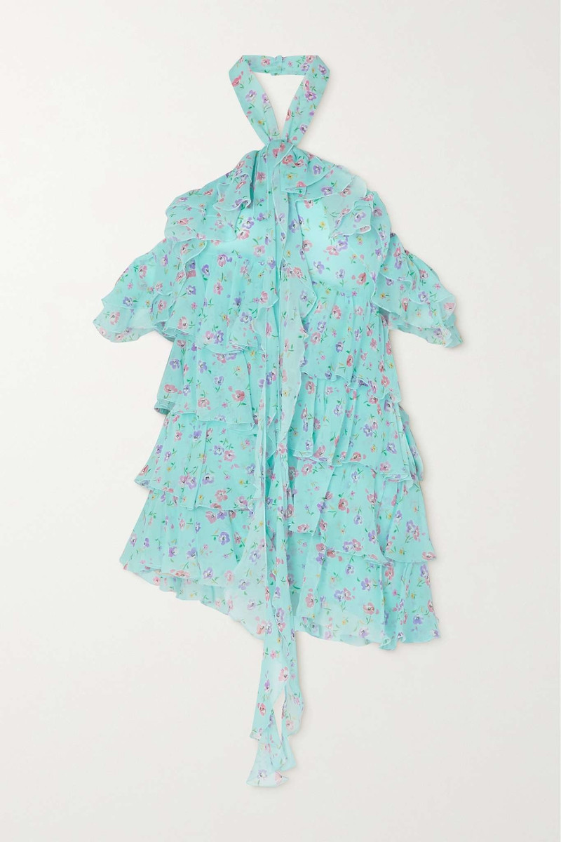 Violet ruffled floral-print silk-georgette halterneck mini dress - 1