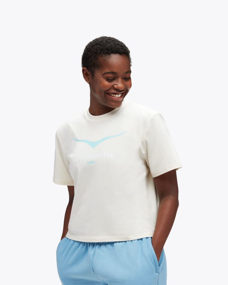Women's HOKA Bird Logo Gpx SS Tee Shirt in Eggnog 1