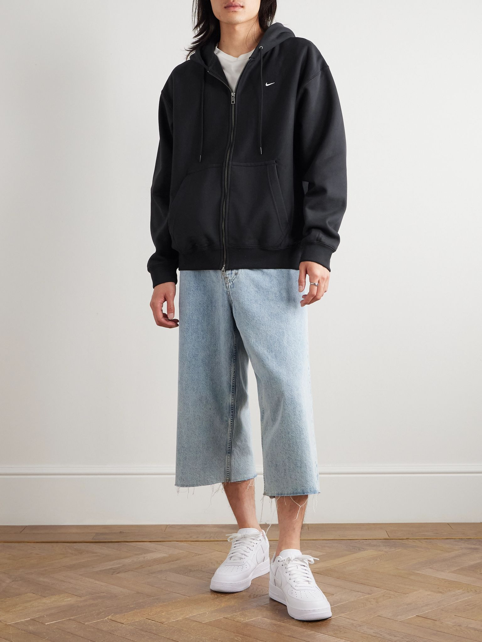 Solo Swoosh Logo-Embroidered Cotton-Blend Jersey Hoodie Black - 2