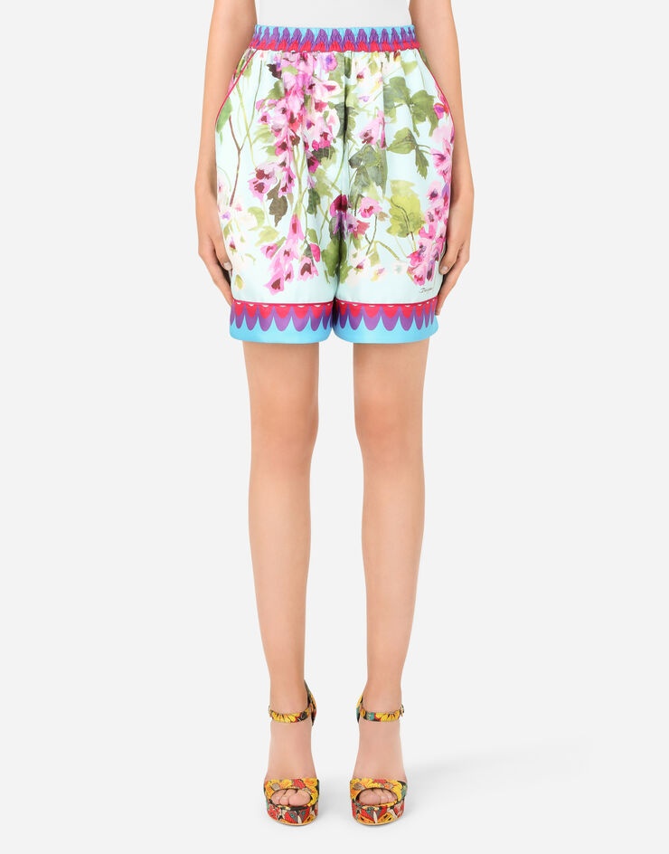 Bluebell-print twill shorts with piping - 2
