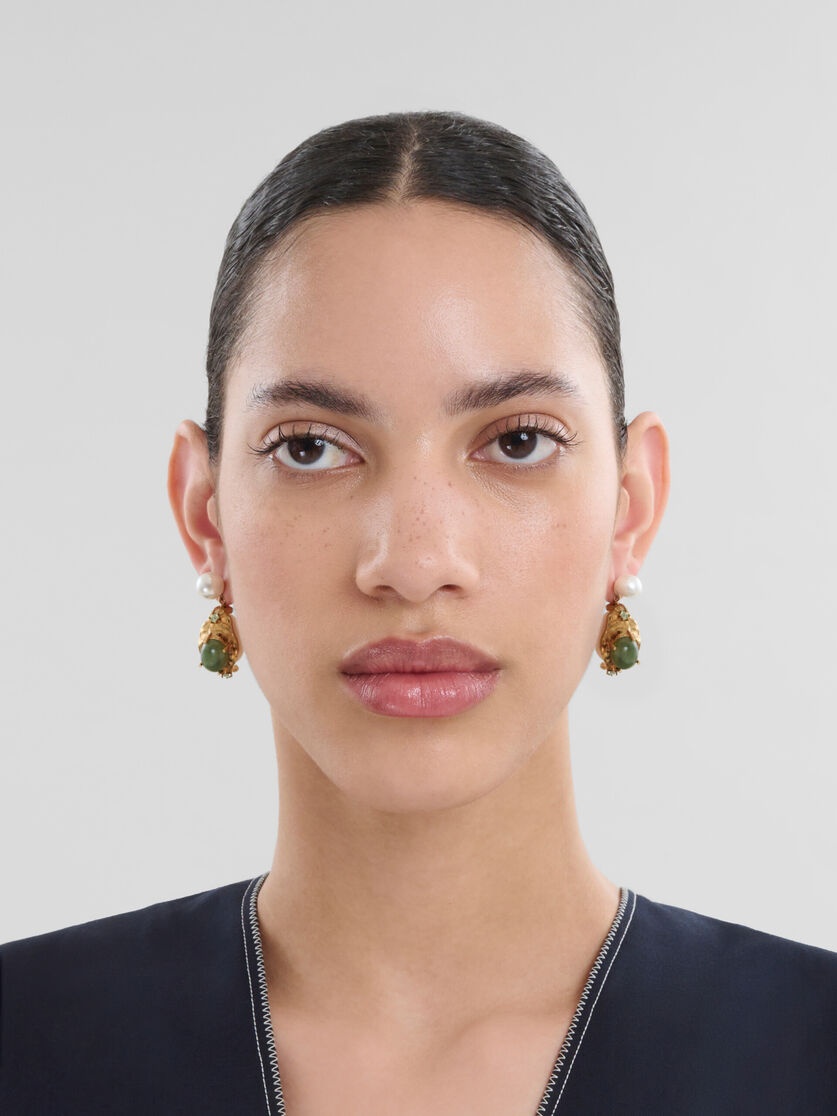 PEARL DROP EARRINGS WITH GREEN GEMSTONES - 2