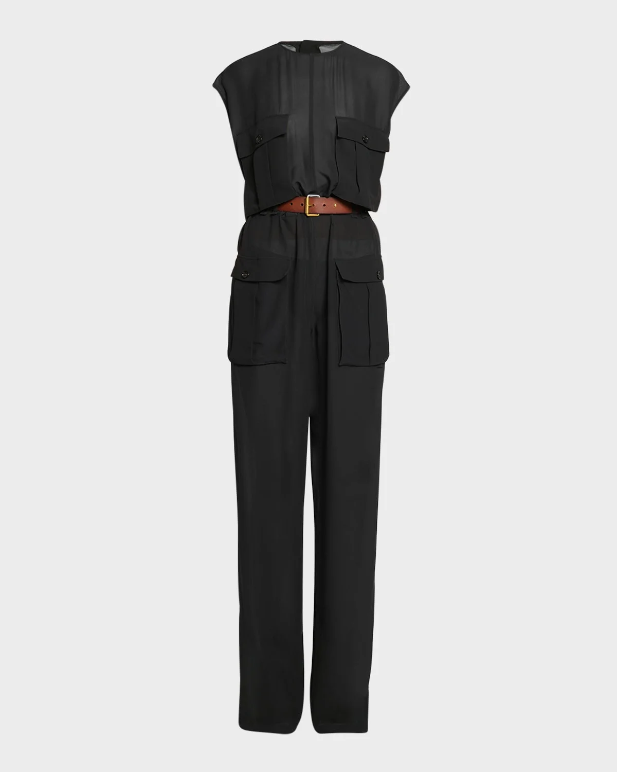 Combinaison Sleeveless Belted Silk Chiffon Utility Jumpsuit - 1