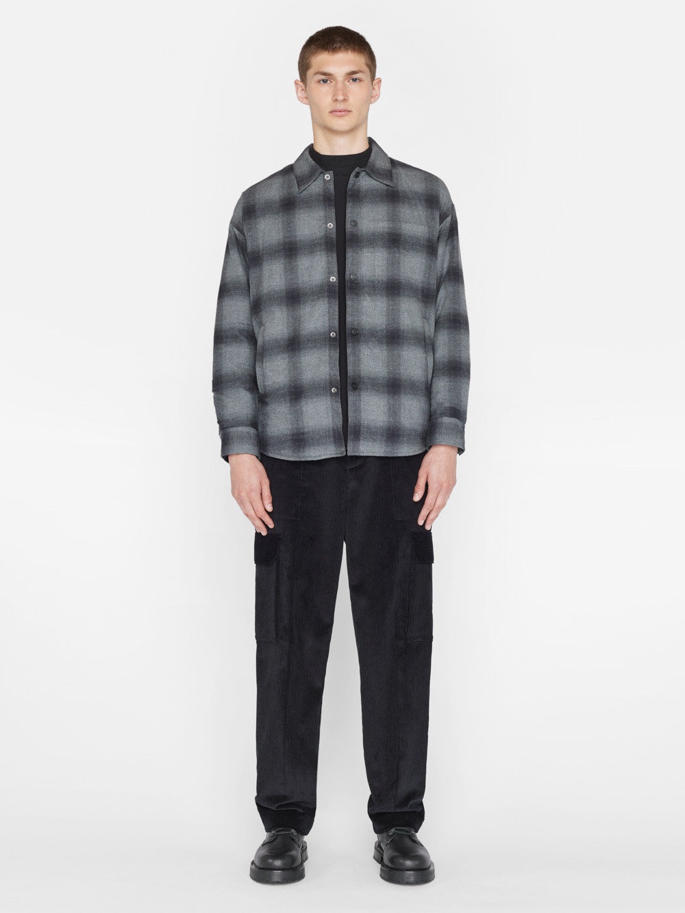 Padded Plaid Overshirt in Black/Grey Plaid - 2