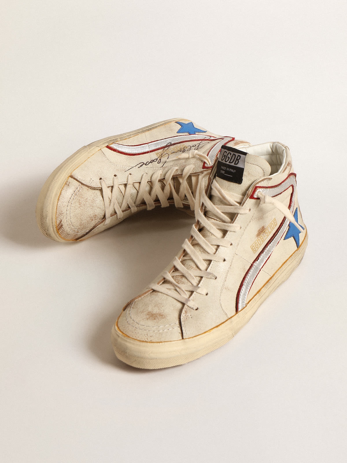 Golden Goose Slide LTD in ecru with bright blue star and silver leather  flash | REVERSIBLE