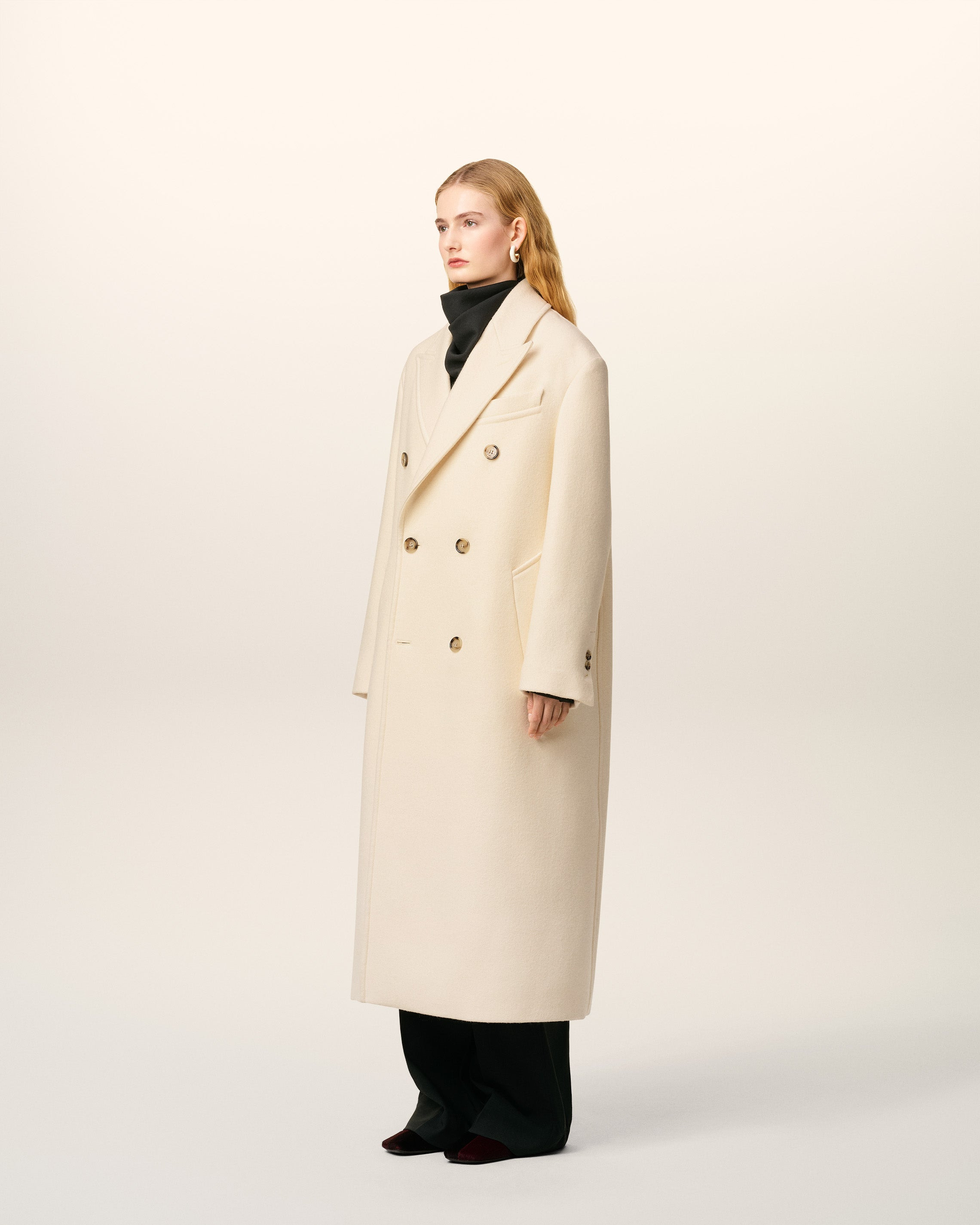 WHITE WOOL DOUBLE BREASTED LONG COAT - 6