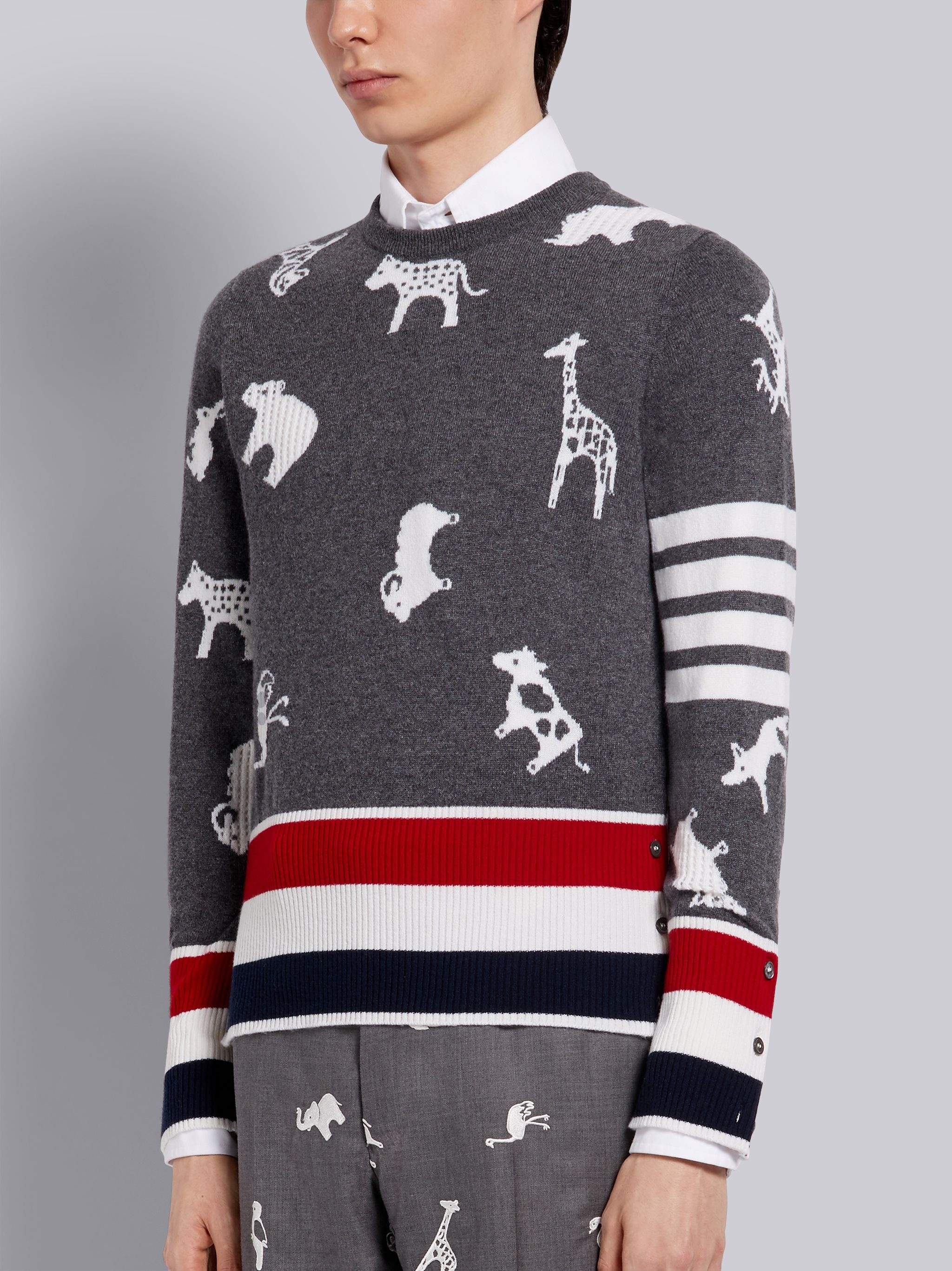 Medium Grey Cashmere Multi-Animal Icon Tricolor Hem Crewneck 4-Bar Pullover - 2