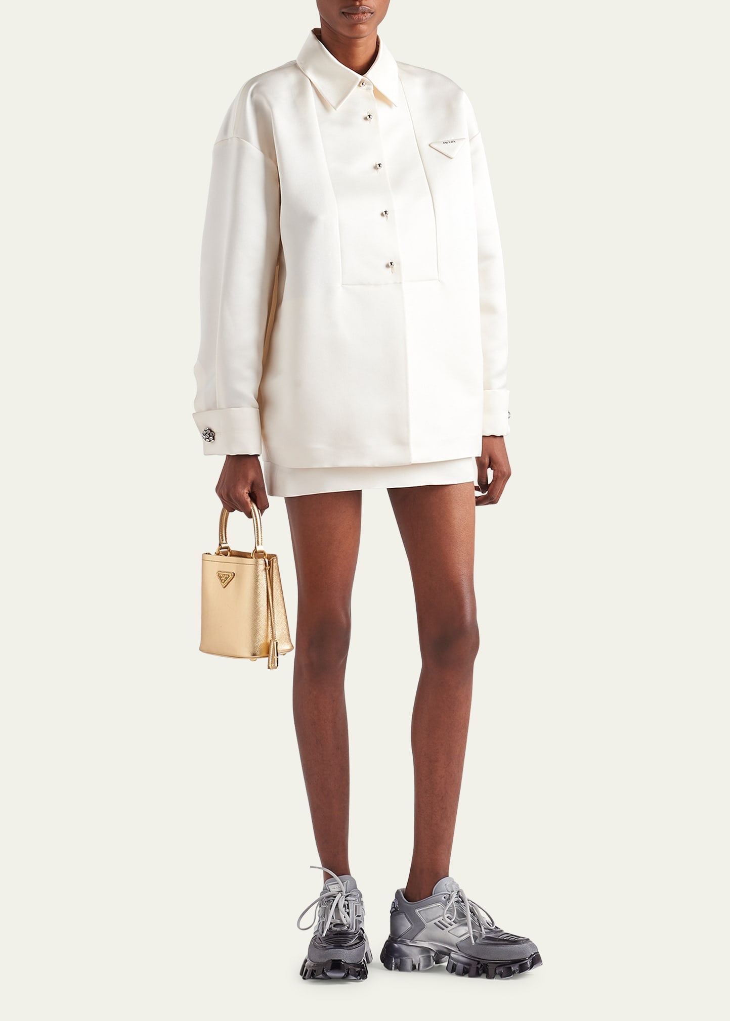 Boxy Crystal Button Satin Double Shirt - 2