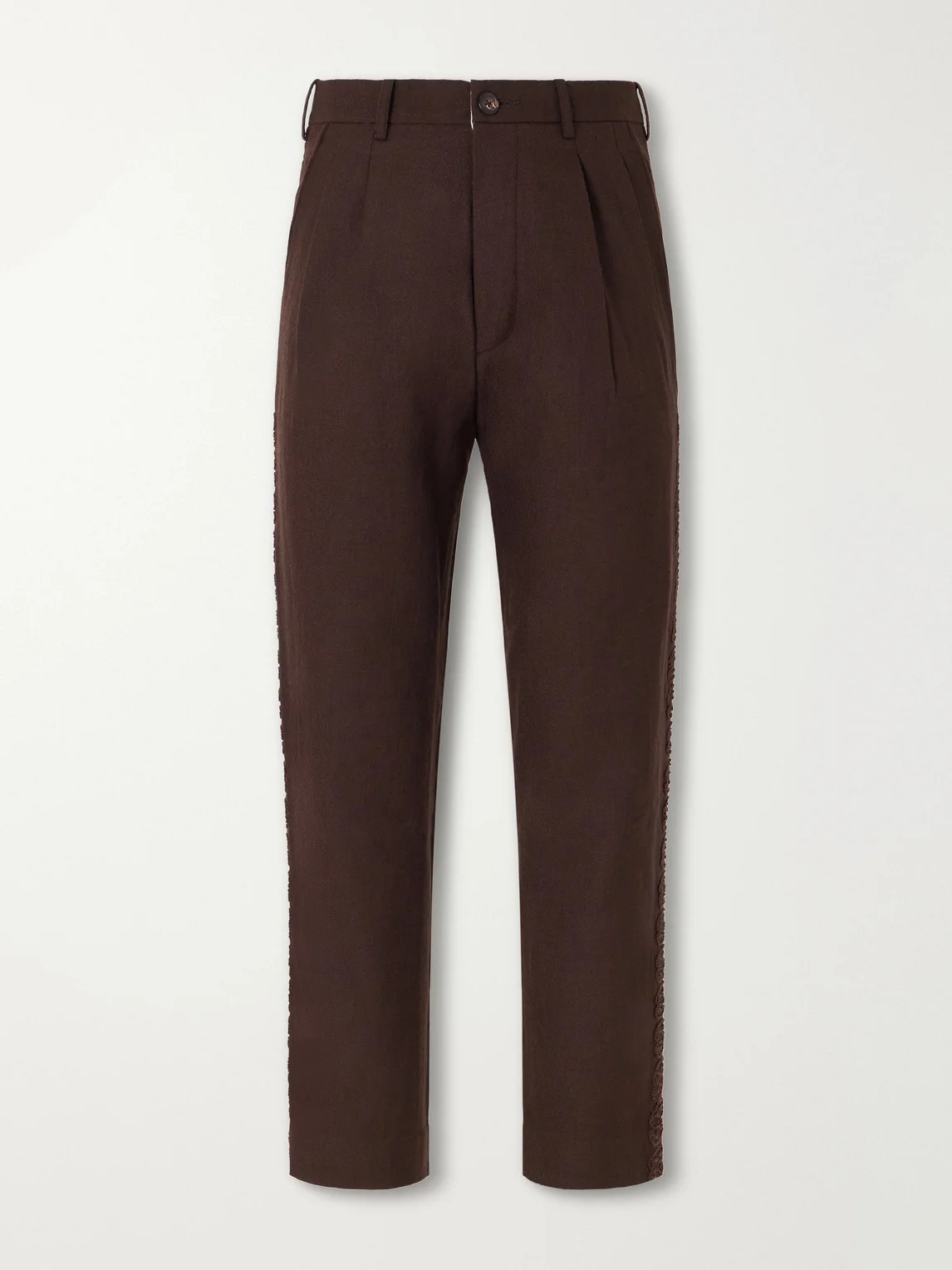 Straight-Leg Pleated Embroidered Wool-Twill Trousers - 1