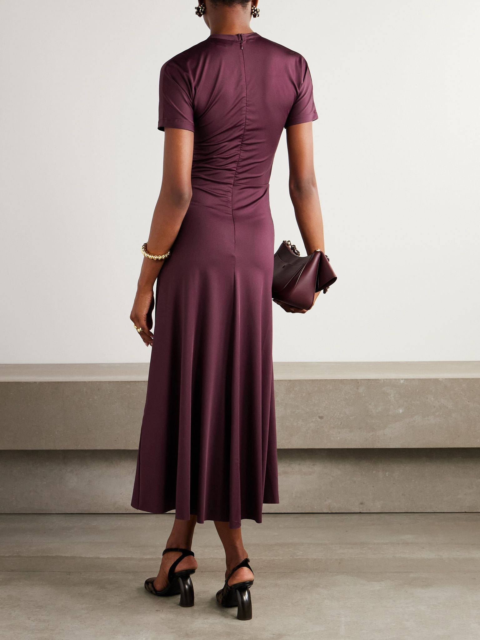 Gathered satin-jersey midi dress Burgundy - 3