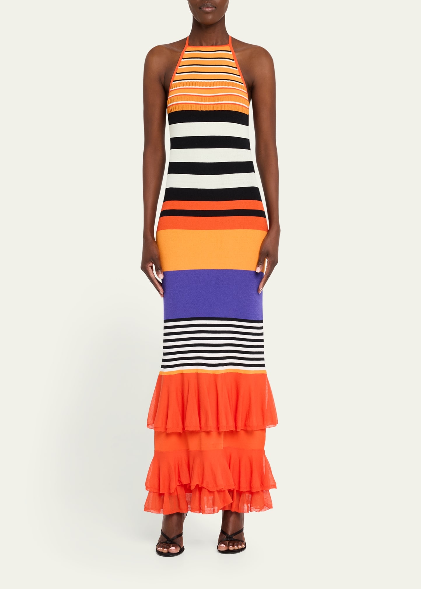 Striped Halter Neck Ruffle Dress - 2