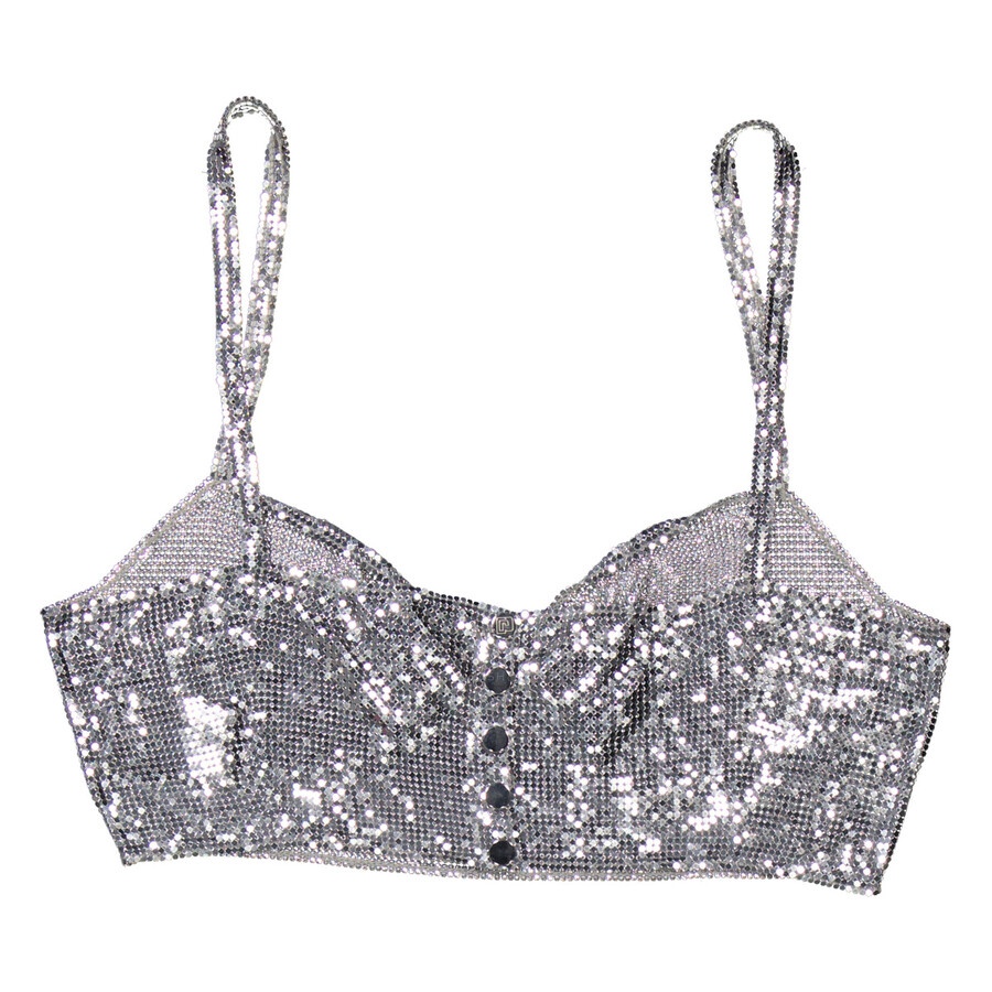 Rabanne Ladies Silver Perforated Sweetheart Neck Cropped Top - 5