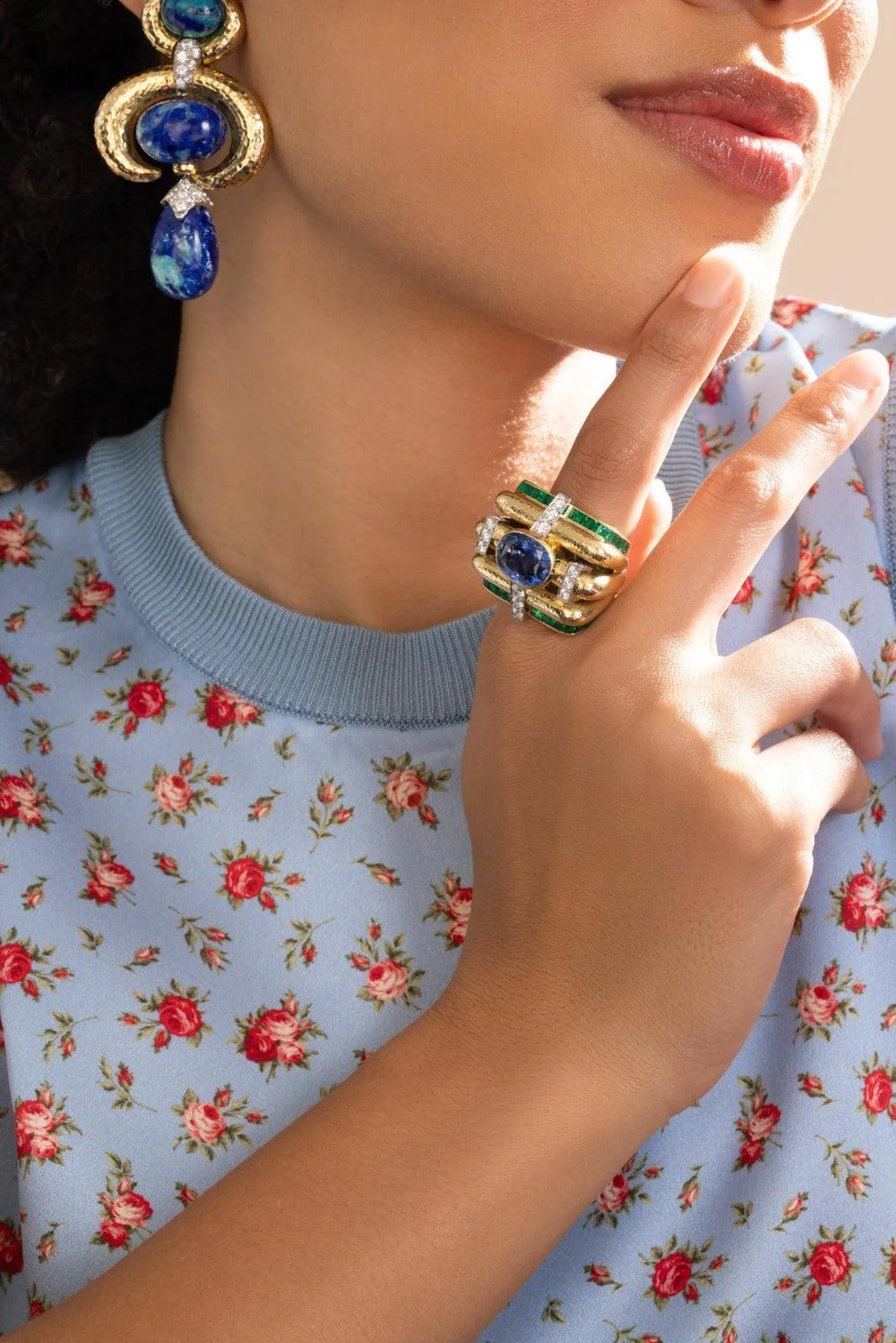 Sapphire Emerald Diamond Couture Ring - 1