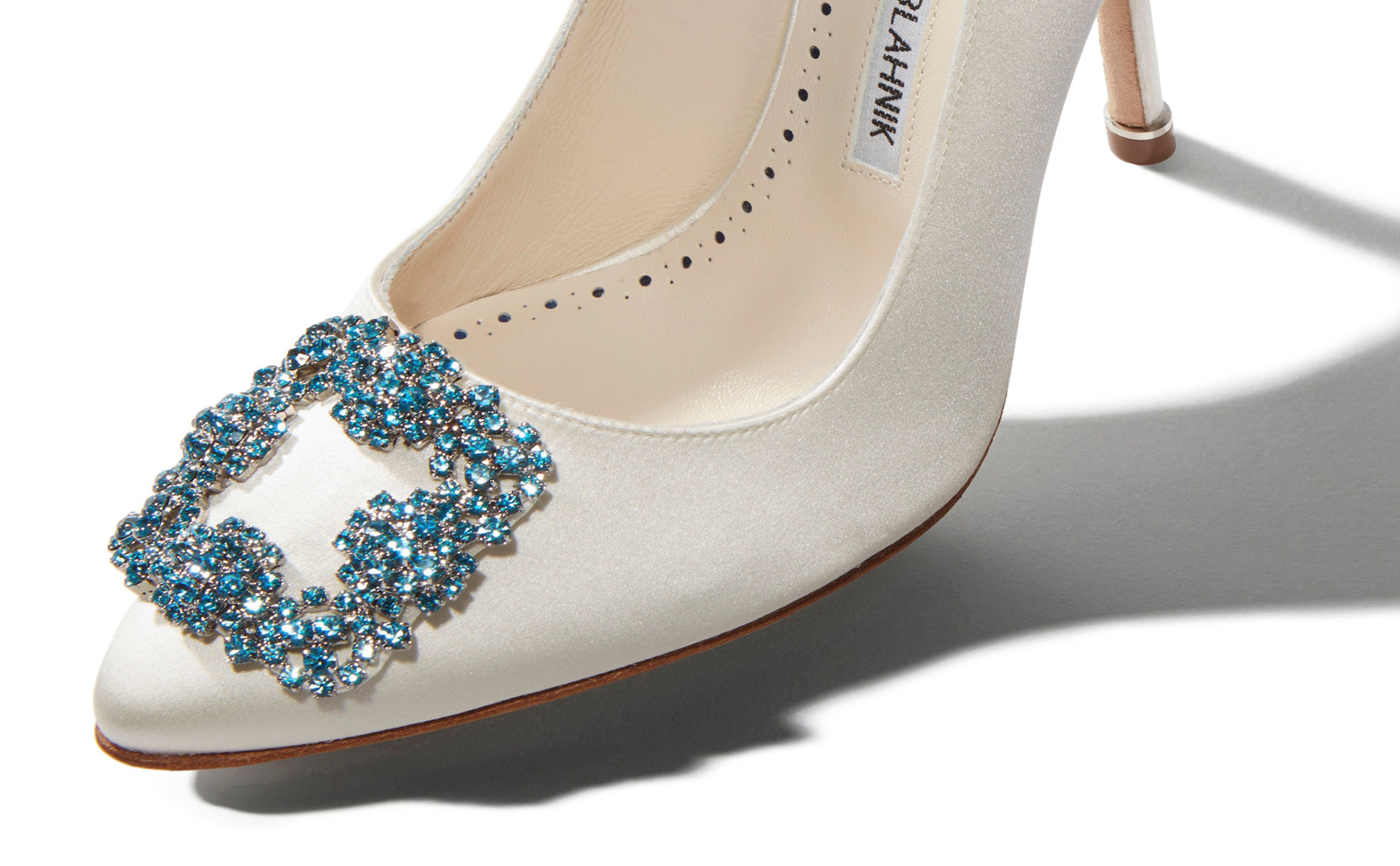 White Satin Jewel Buckle Pumps - 4