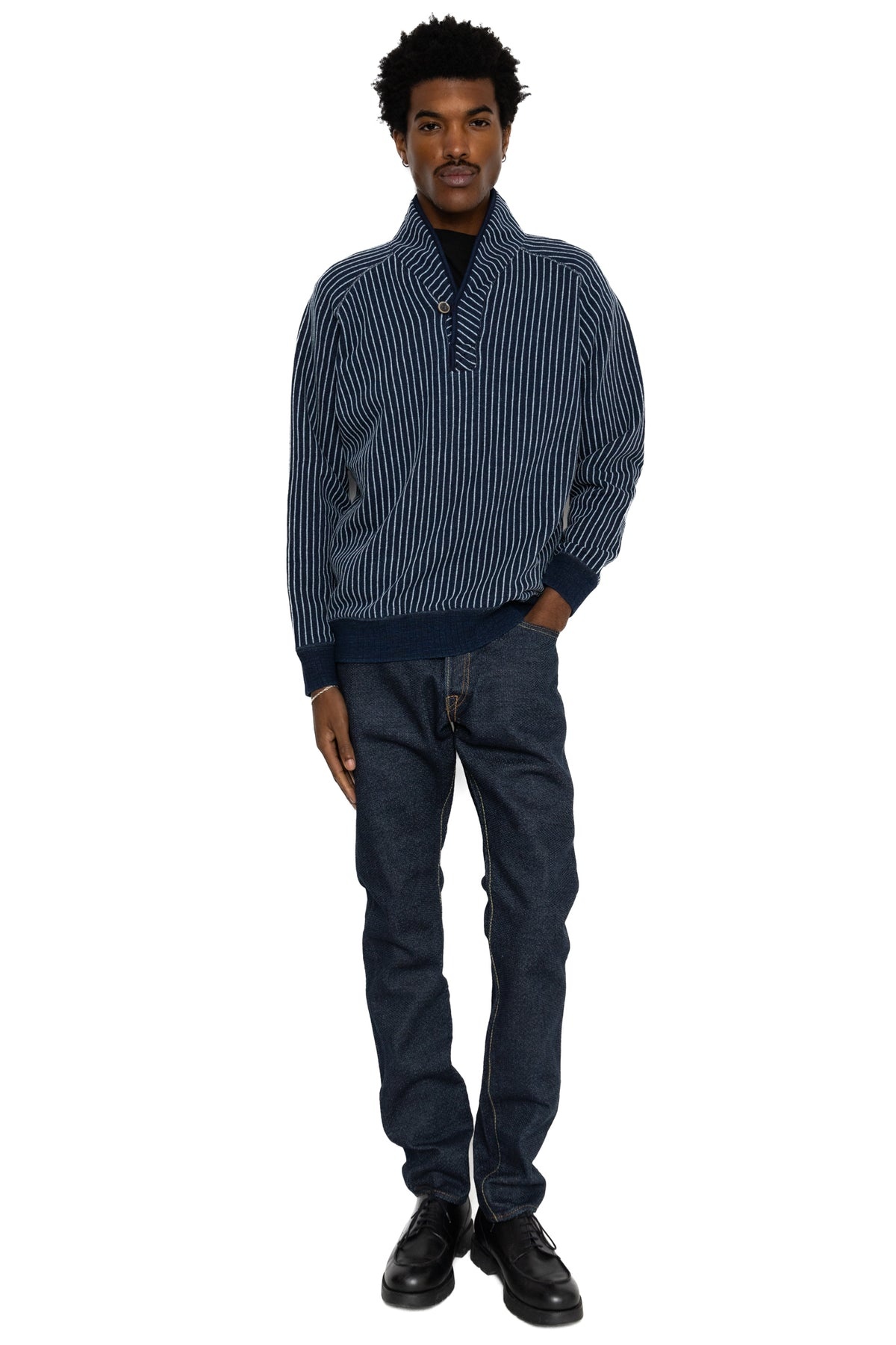 Yarn Dyed Indigo Shawl Collar Sweatshirt - Indigo Stripe - 5