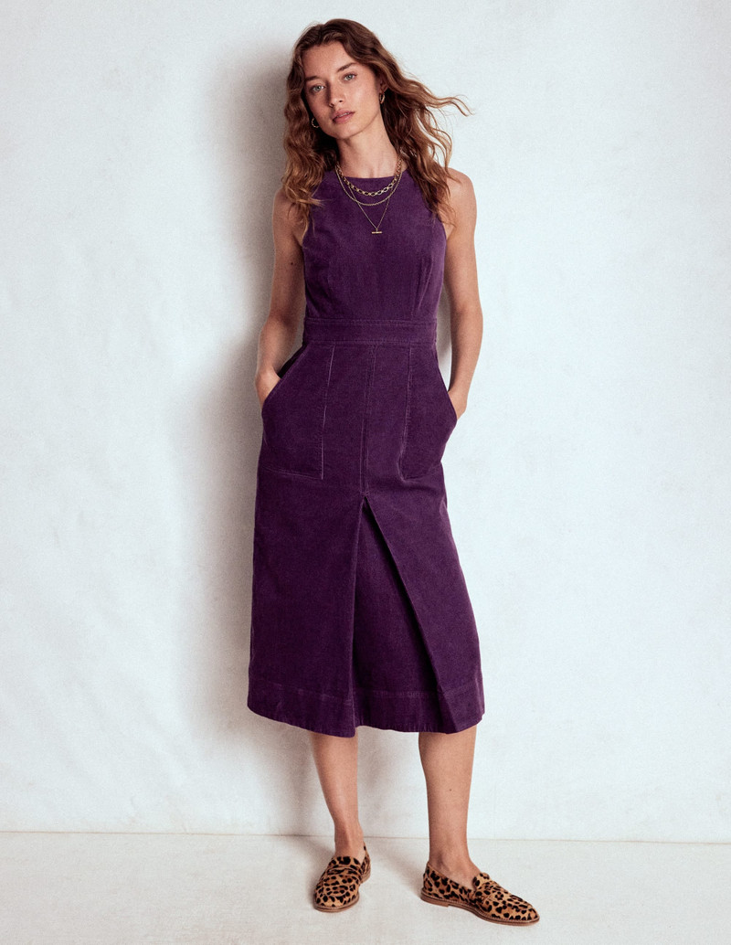 Ula Box Pleat Cord Midi Dress-Viola Purple 5